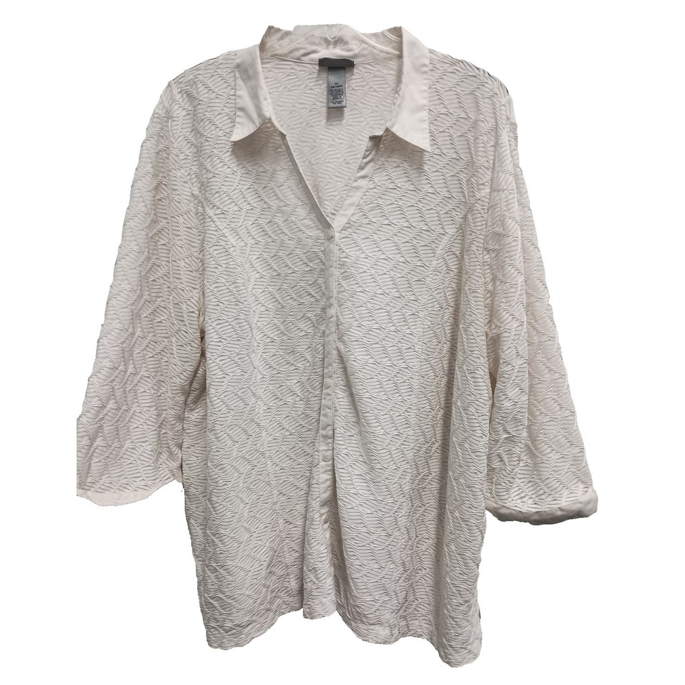 Catherines Womens Shirt Size 3X White Textured 3/4 Sleeve Button Front Capsule